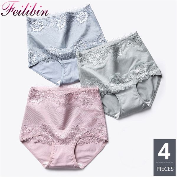 Feilibin 4 pçs / lote alta cintura feminina calcinha mulheres sem costura emagrecimento de algodão briefs corpo shaperwear underwear lady lace cueca lj200822