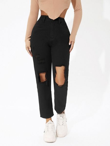 

petite high waist ripped mom cropped jeans g0ha#, Blue