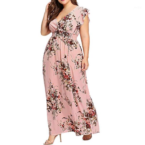 

women plus size dress summer v neck floral print boho sleeveless party maxi dress chiffon white maxi vestidos de festa#j4s1, Black;gray