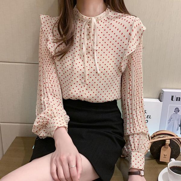

elegant chiffon autumn 2020 korean fashion women shirt polka dot bow tie long-sleeved ladies blouse, White