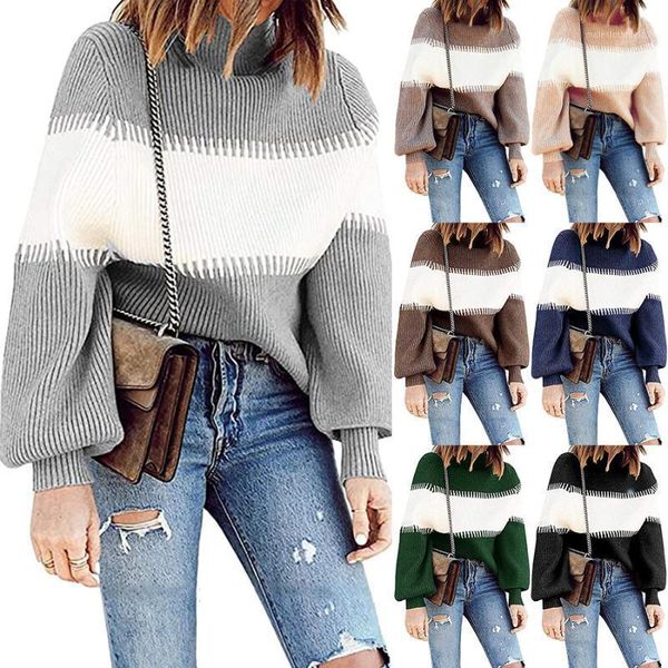

women's sweaters turtleneck sweater women casual high collar vintage 2021 fashion lantern sleeve colorblock regular clothing1, White;black