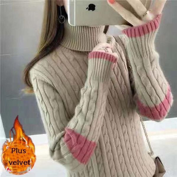 

ebaihui women velvet sweaters thick warm long sleeve solid turtleneck patchwork autumn winter velvet pullover sweater for women, White;black