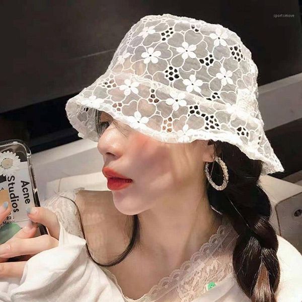 

wide brim hats [ewq] 2021 summer hat for women soft lace flower sun floppy crocheted hollow fisherman cap qv5381, Blue;gray