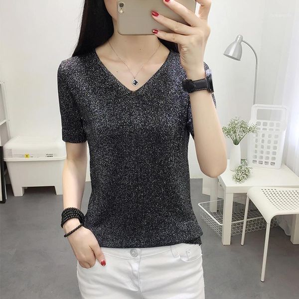 

knitted bright silk short-sleeved t-shirt women korea v-neck tshirt 2020 lurex tee shirt summer casual white female tshirt1