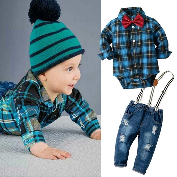 

newborn baby boy denim clothes cotton plaid rompers gentleman bib jeans clothing suit outfit 6 - 24m y200323, White