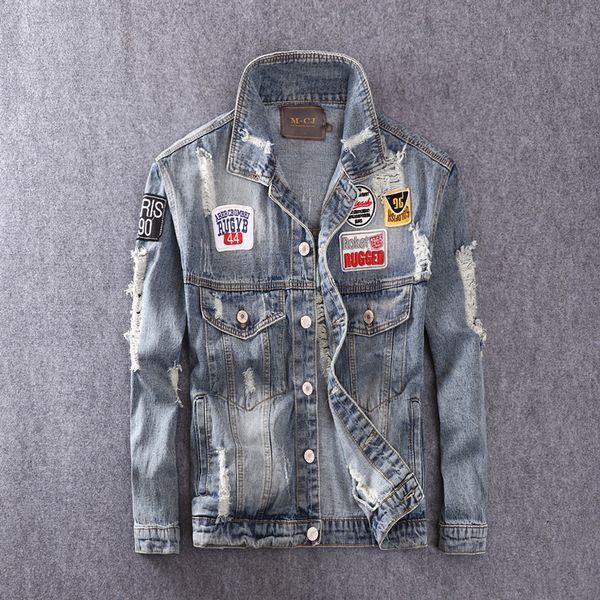 

2021 new newly fashion destroyed hip hop denim jackets men ripped cotton coats streetwear patches designer chaqueta 72n9, Black;brown