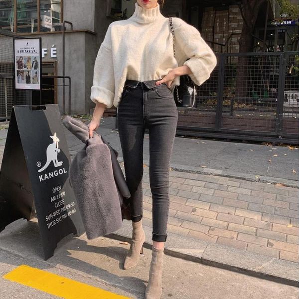 

pengpious new autumn spring high waist elastic jeans fashion women denim trousers classical black grey jeans1, Blue