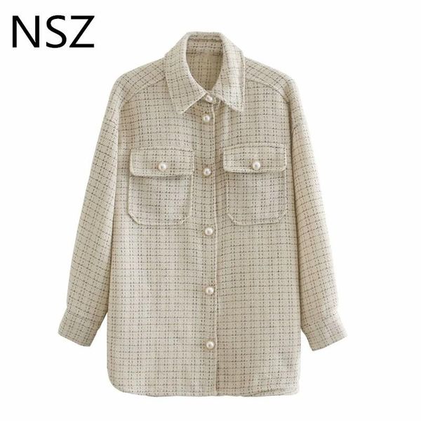 

nsz women houndstooth tweed jacket woolen oversized plaid shirt coat pearl button blouse jacket checked outwear streetwear fall, Black;brown