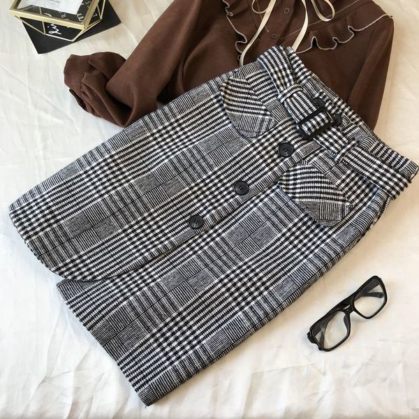 

2021 new high waist skirt women new mid-length woolen plaid autumn and winter dress 0251, Black