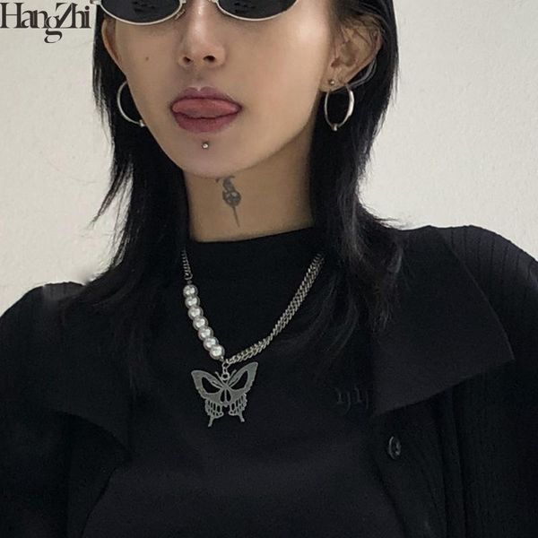 

hangzhi 2020 new hip hop punk retro necklace pendant fashion wild butterfly pearl multilayer necklace for men women girl jewelry, Silver