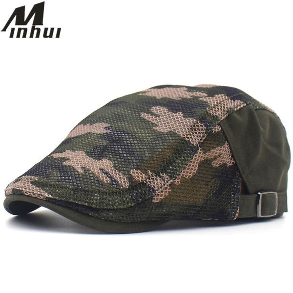 

berets minhui summer beret caps for men outdoor mesh breathable sport cap gorras embroidery hats plaid flat casquette, Blue;gray