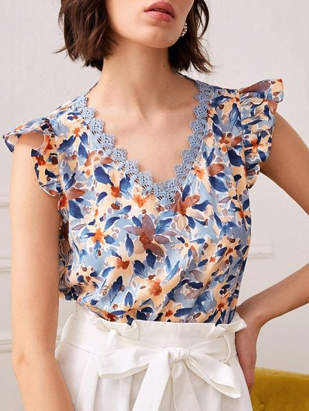 

floral print ruffle armhole lace trim j5ry#, White