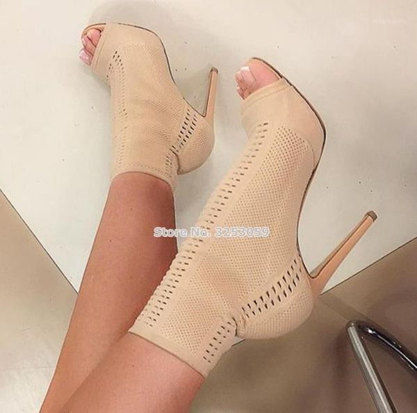 

almudena brand beige black stretchy knitting ankle boots small hole patchwork open toe gladiator boots cut-out high heels1