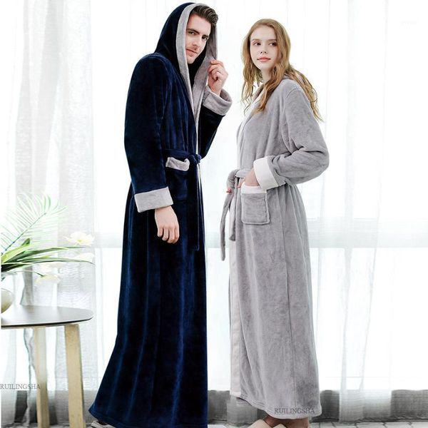 Homens de Sleepwear Homens Inverno Plus Size Engrossar Flanela Quente Bathrobe Com Capuz Extra Long Coral Fleece Bath Bath Robe Night Vestido Mulheres Sleepw