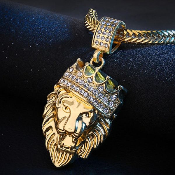 

necklace mens full iced rhinestone an crown lion necklaces wild pendants hip hop cuban chain hip hop gold jewelry for male, Silver