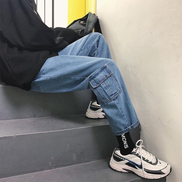 

new men's casual overalls korean version of loose straight pants handsome men's nine points jeans1, Blue