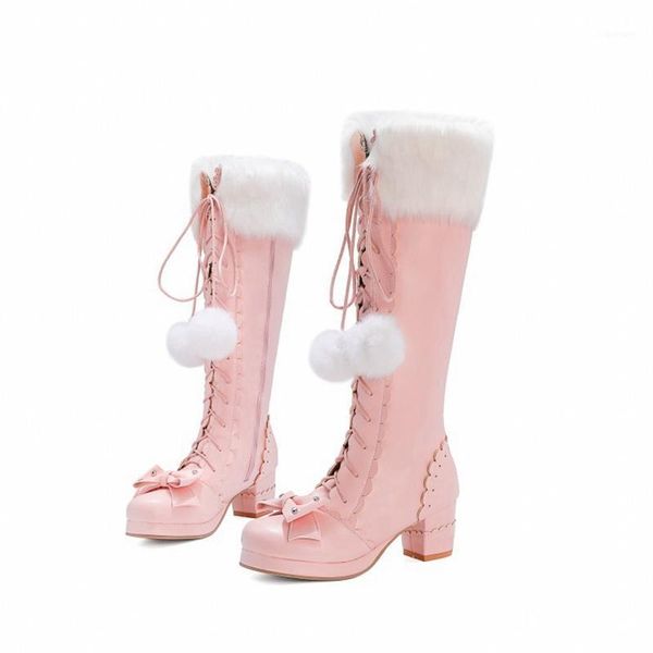 

reavecat winter warm knee-high furry boots round toe square heel zip butterfly-knot plush ball big size 33-43 black lolita a31501