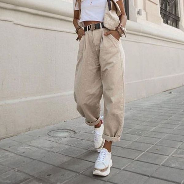 

khaki female pants 2020 high waist harem pants loose jeans plus size trousers woman casual streetwear mom jeans, Blue