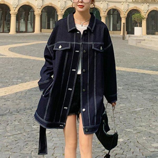 

ewq] 2020 autumn ladies denim coat lapel long sleeve multi-pocket fashion belt single breasted high street jean jacket women1, Black;brown