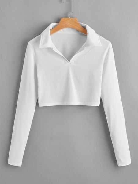 

solid ribbed collar crop tee c08s#, White