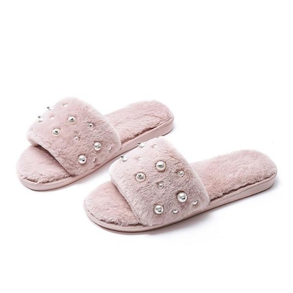 

plush woman cotton slippers slip on warm non-slip flats female spring autumn winter house shoes pearl decor sh027 y200424, Black