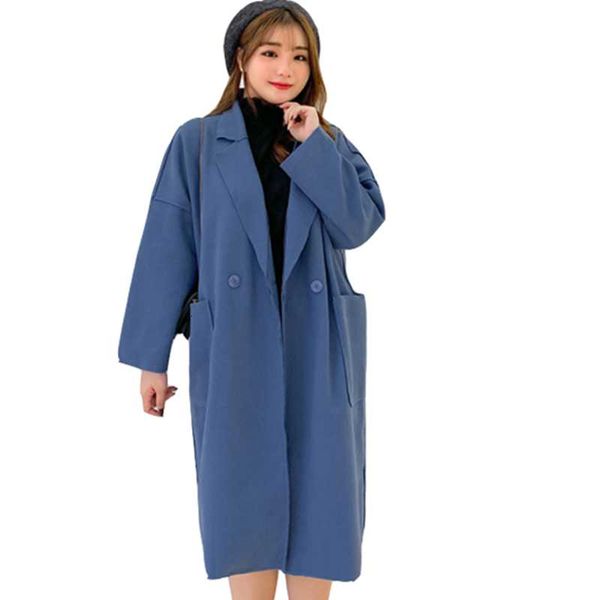 

plus size fall / winter woolen coat fashion loose thin mid-length korean blue trench coats women's jacket overcoat, Tan;black