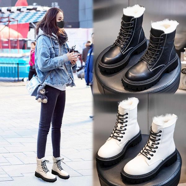 

boots ankle genuine leather women flat platform short ladies shoes fashion winter, Black