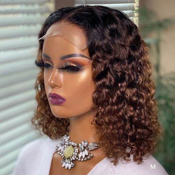 

colored lace front human hair wigs for women 13x4x1 curly lace front wig t shaped ombre human hair wig bob lace part wigs, Black;brown
