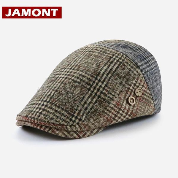 

berets [jamont] 35% wool hat beret caps men women autumn winter visor woolen hats plaid patch retro forward casquette, Blue;gray
