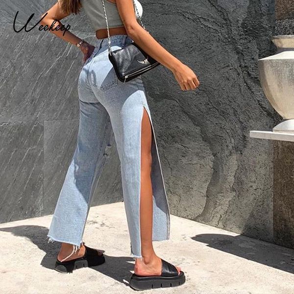 

weekeep fashion denim split jeans straight leg high waist jeans for women streetwear distressed 90s vintage girls' pants bottom, Blue