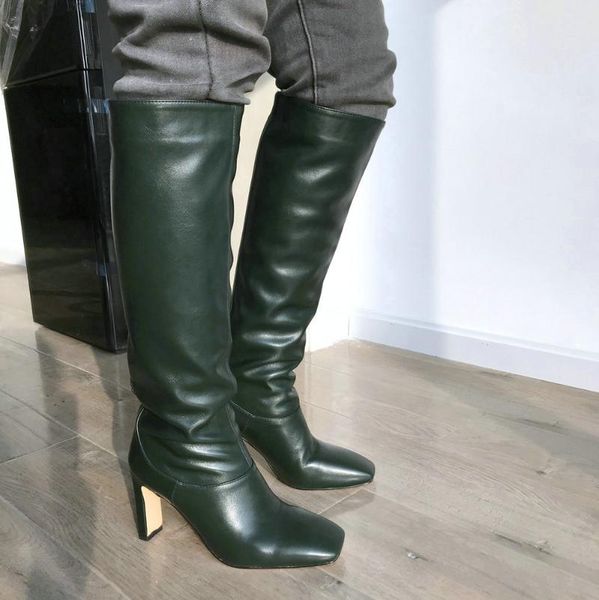 

faux leather women knee high boots square toe boots women long thin block high heel, Black