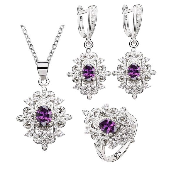 

purple zircon silver color jewelry sets for women earrings necklace pendant ring green blue