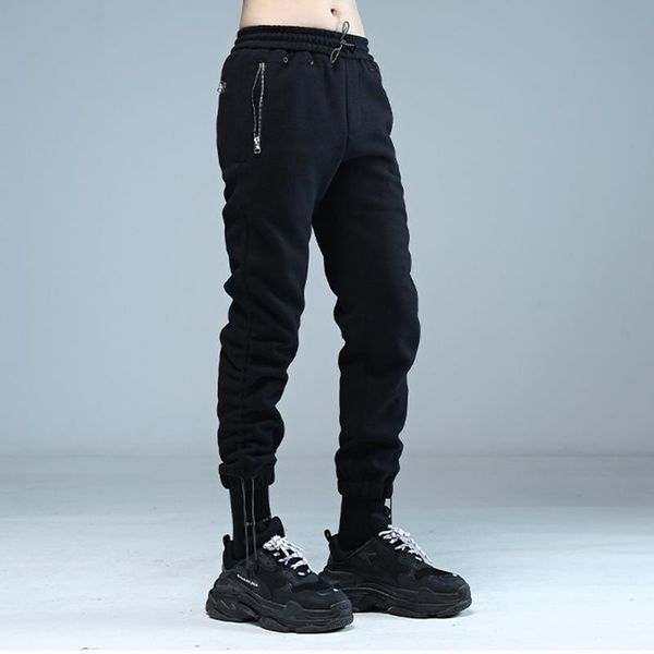 

hong kong fashion brand men's individual drawstring pleated slim leggings, wool casual tapered pants with small feet, Black