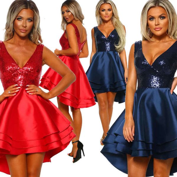 

v-neck new 2019 sequins women's front short back long dress j7071, Black;gray