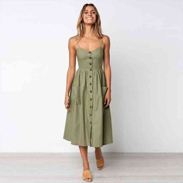 

women sling dress solid pocket single breasted dress sling adjustment backless summer beach plus size loose bohemian, Black;gray