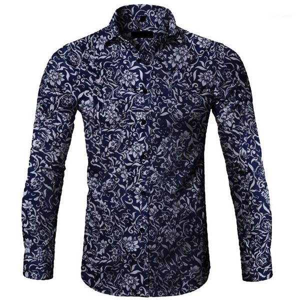 

new 5xl mens shirts big sizes casual printed floral long sleeve button blouse turn-down collar slim fit shirt koszula meska1, White;black