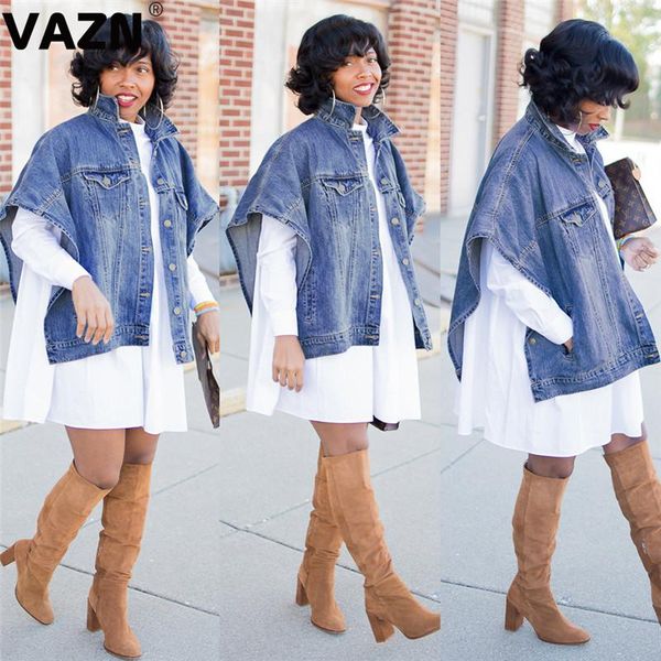 

vazn wny001 new tide fashion solid denim coat product 2020 summer lady asymmetric blue coats short sleeve button coat, Black;brown