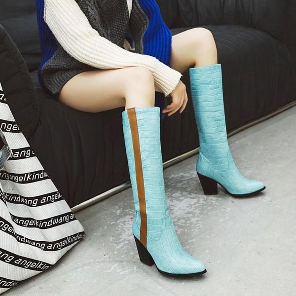 

boots black yellow 2021 fashion stone print leather knee high women heel long pointed toe autumn winter shoes maziao