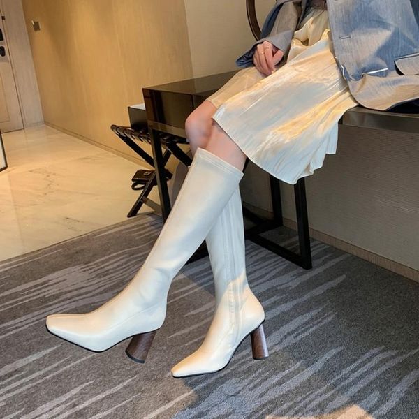 

boots mljuese 2021 women knee-high stretch fabric winter short plush zippers black color square toe high heels female