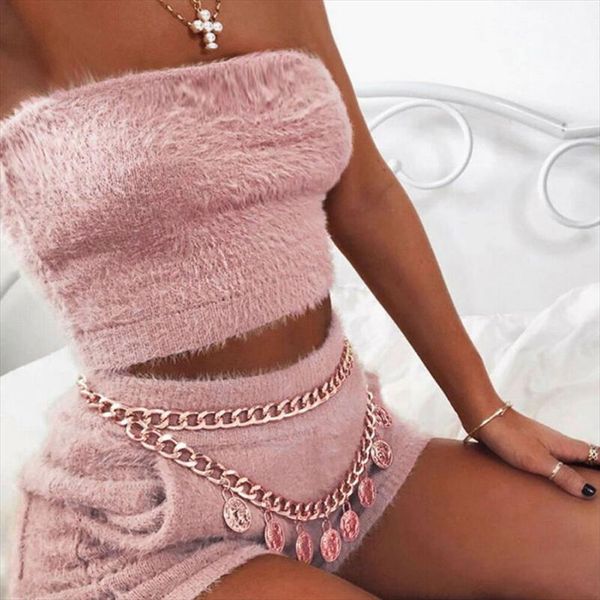 

summer women 2 pieces bodycon furry sets strapless crop shorts 2pcs ladies clubwear solid sleeveless tanks shorts, Gray