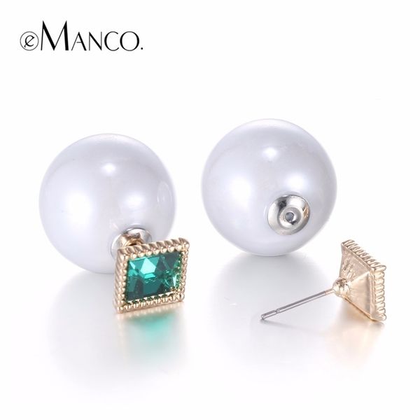 

emanco stylish 3 color cute geometric double side statement stud earrings for women crystal beads pearl jewelry accessories y200323, Golden;silver