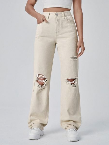 

ripped detail straight leg jeans q67v#, Blue