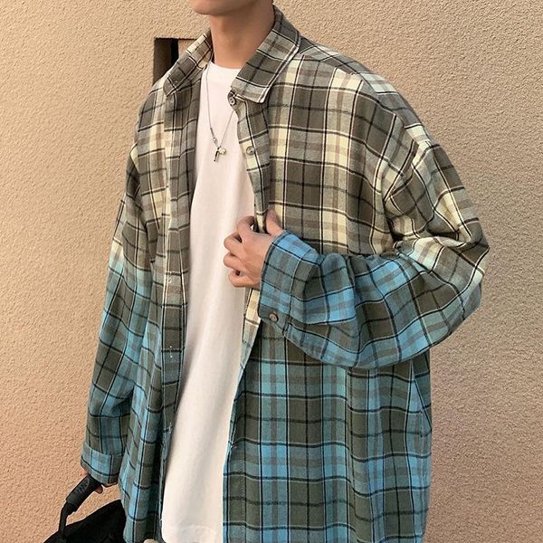 

2020 spring and autumn new youth fashion gradient hit color plaid loose single-breasted long-sleeved shirt fashion casual shirt, White;black