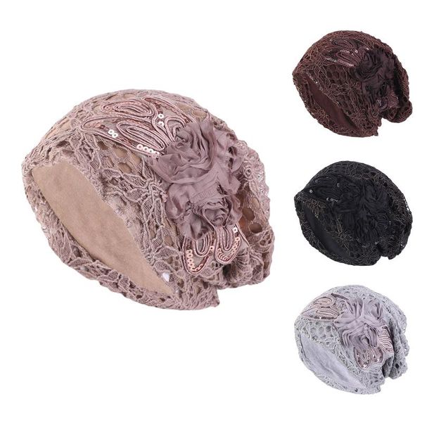 

new fashion lady lace muslim ruffle hat beanie scarf turban head wrap cap hat ethnic style lace sequined large flower ear cap, Blue;gray