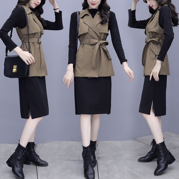 

windbreaker vest two piece women's autumn dress windbreaker dress new style waist closing lace up knitted skirt set with foreign style, Gray