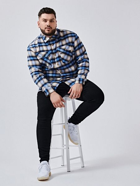 

extended sizes men plaid print button front shirt u6jd#, White;black