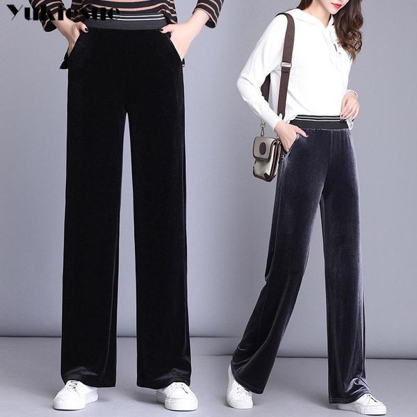 

new women's high waist striped wide leg long pants office lady loose office stretch gold velvet casual trousers plus size s-6xl, Black;white