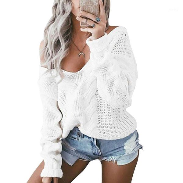 

knitted v-neck sweater women polyester croced hollow out solid off shoulder loose pullover female autumn winter 1, White;black