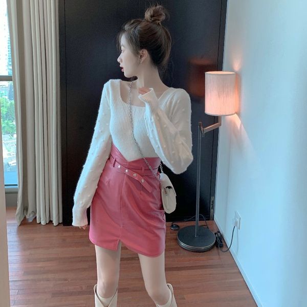 

square collar lace up knit + high waist a-line leather skirt