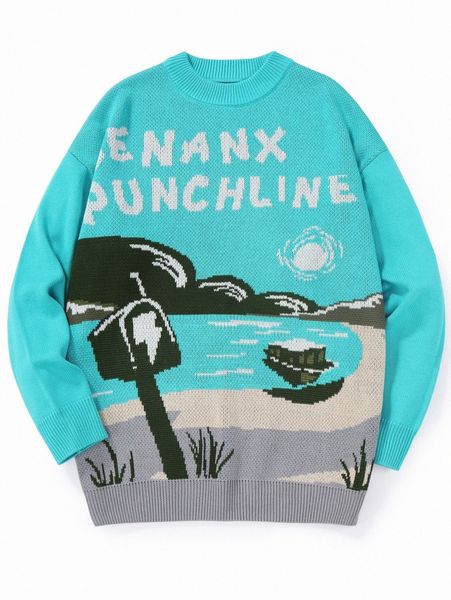 

men scenery & letter pattern drop shoulder sweater f9d4#, White;black